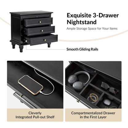 Farmhouse 3 Drawers Nightstand with Tray Bedside Table with Charging Station Acorn