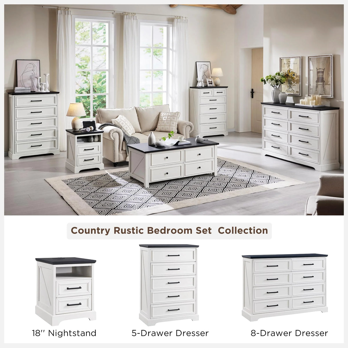 ACCOHOHO Nightstands Set of 2 with Charging Station, Rustic End Table with 2 Drawers Farmhouse Side Table with 3-tier Storage for Bedroom Living Room, White