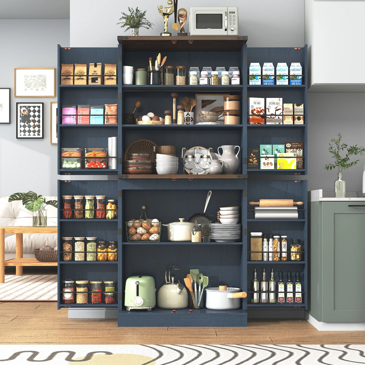 71" Tall Farmhouse Kitchen Pantry with 12 Side Shelves & Adjustable Shelves, 5 Layers Pantry Storage Cabinet w/Load-Bearing Steel Pipe & 4 Barn Doors for Kitchen, Dining Room, Living Room, Brown