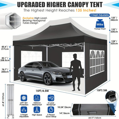 Hoteel 10x15 Heavy Duty Canopy Tent with 4 Sidewalls,Pop up Canopy for Parties Wedding,Commercial Easy up Gazebo with Roller Bag,UV 50+ &,Black