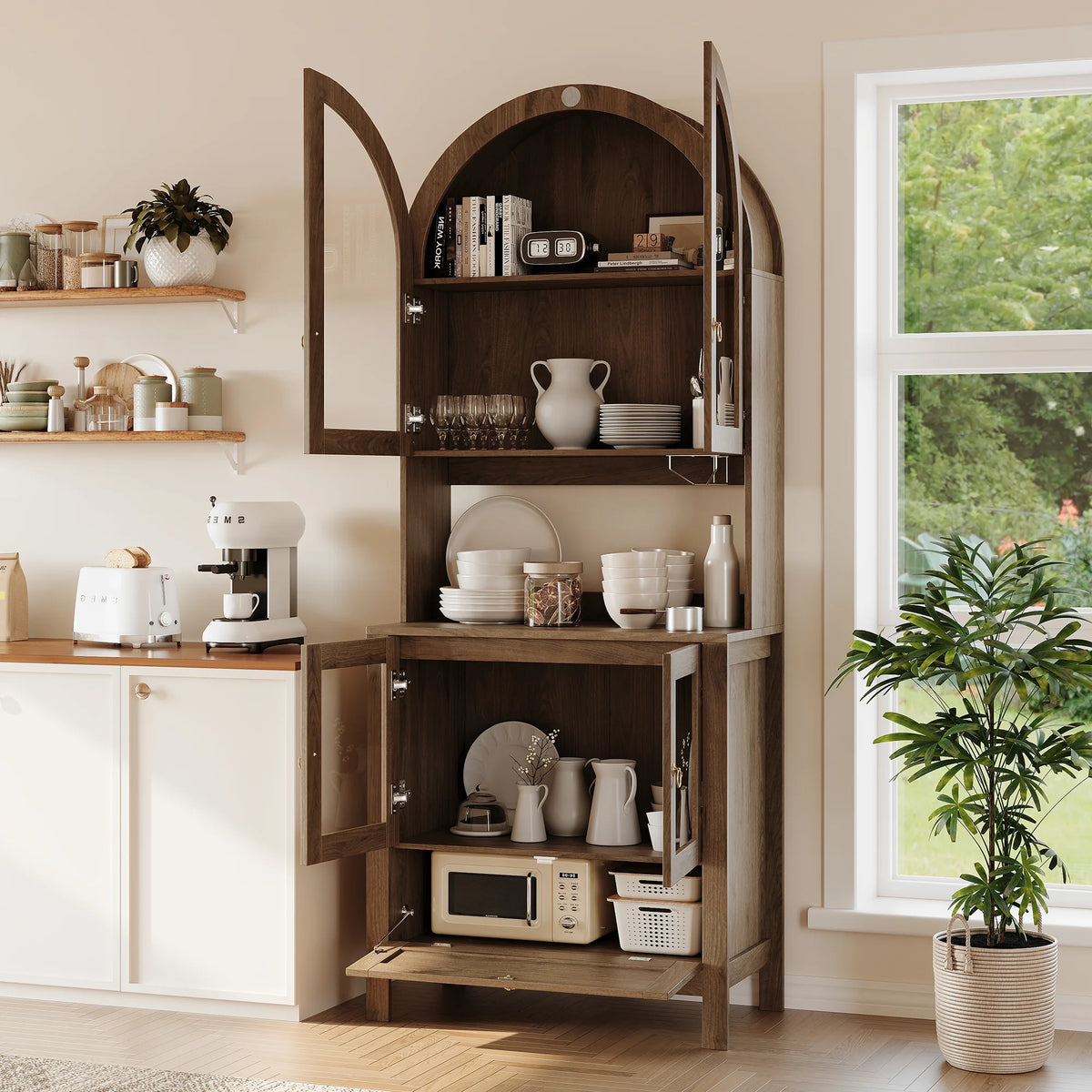 LAZZO 73-Inch Tall Arched Kitchen Pantry Storage Cabinet, 2 Doors, Brown