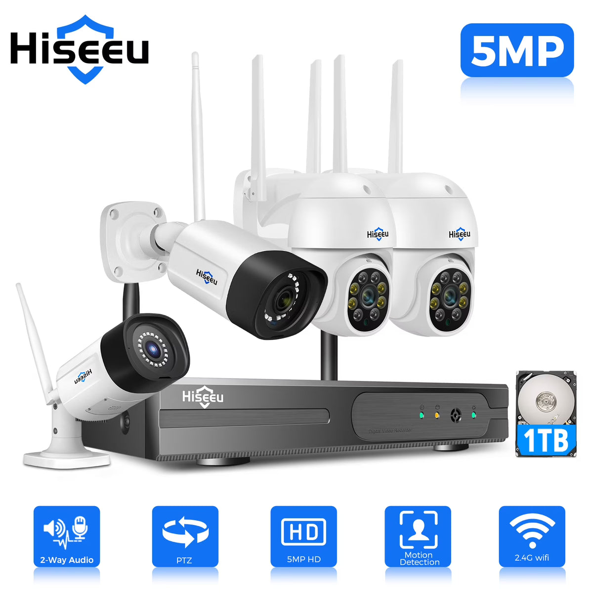 Hiseeu 5MP Security Camera System with 1TB Hard Drive, Outdoor Security Camera Wireless Wifi with Two-Way Audio,Human Detection, Home Security Cameras System