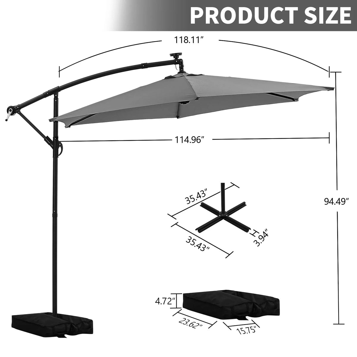 Ainfox 10ft Cantilever Patio Umbrella with Lights, Offset Market Umbrella with Sandbags Weighted Base and Cross Base,Khaki