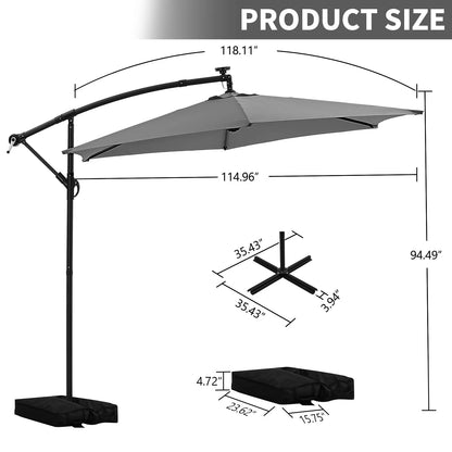 Ainfox 10ft Cantilever Patio Umbrella with Lights, Offset Market Umbrella with Sandbags Weighted Base and Cross Base,Khaki