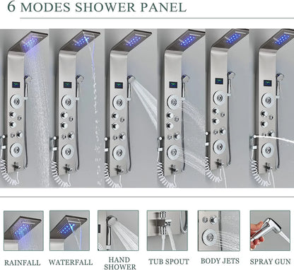 Shower Panel Tower System LED Rain&Waterfall Massage Jet Sprayer Stainless Steel