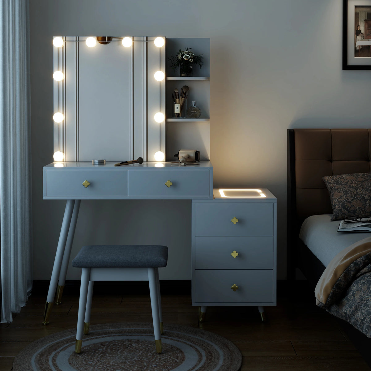 Kadyn Vanity Desk with Lighted Mirror, Vanity Table and Chair Set with 2 Drawers, Dressing Table Makeup Desk with 1 Door, Retro Gray