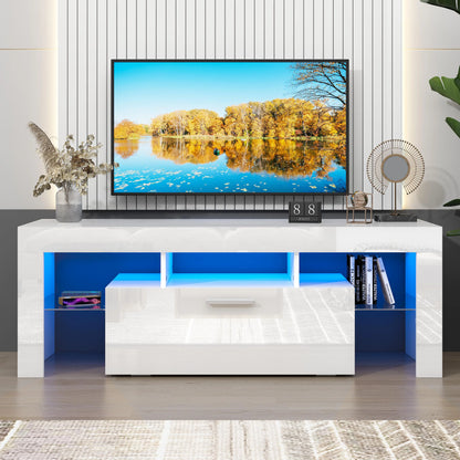 UHOMEPRO TV Stand for TV up to 70", Living Room Entertainment Center with RGB LED Lights and Storage Shelves Furniture, White High Gloss TV Cabinet Console Table