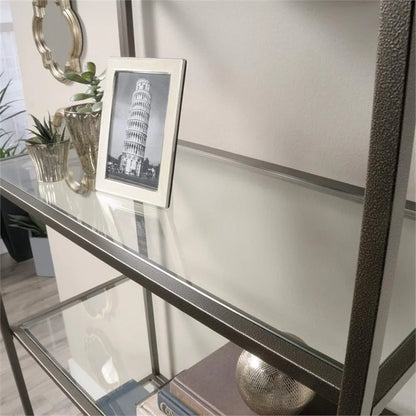 Pemberly Row 5-Shelf Modern Metal Bookcase in Gold Satin/Faux Deco Stone