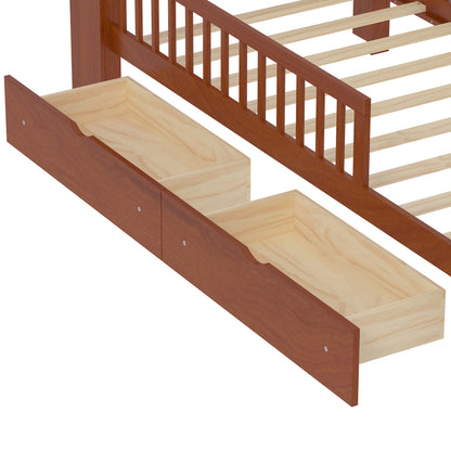 Euroco Wood Twin Size Platform Bed with Storage Headboard and Drawers, Low Profile Bed with Guardrails for Kids and Toddlers, White