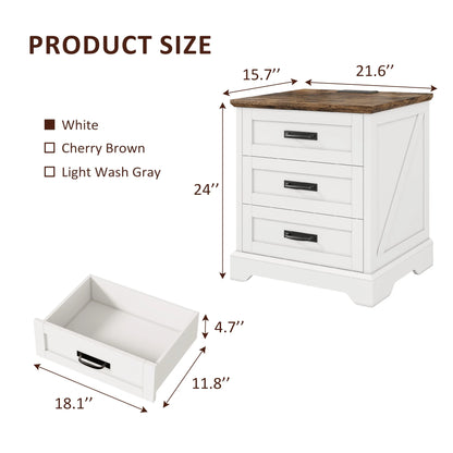 Farmhouse Nightstand Set of 2, 22 inch Side Table with Charging Station for Bedroom, 2PCS, White