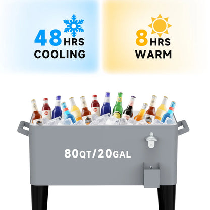 FreeLung 80QT Rolling Cooler Cart with Wheels Ice Chest Outdoor Backyard Coolers on Wheels Silver