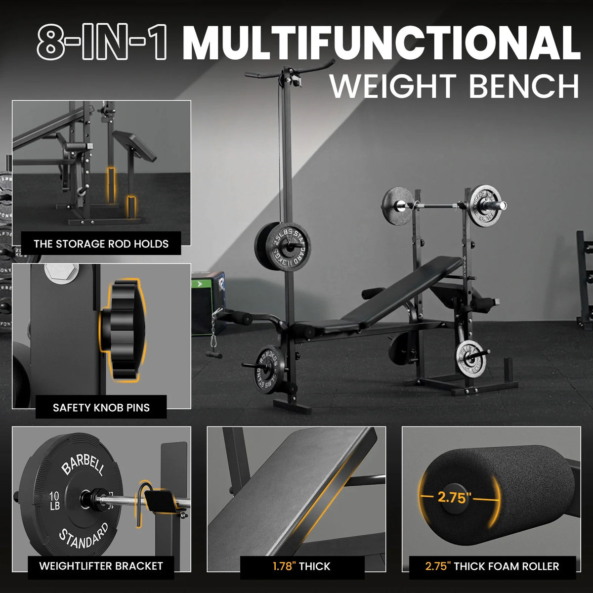 Mikolo Adjustable Weight Bench 800lbs 6 in 1 with Lat Pull Down, Leg Extension and Leg Curl, Chest Fly and Preacher Curl Workout Bench Multi-Function Strength Training Bench Press Exercise Equipment