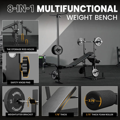 Mikolo Adjustable Weight Bench 800lbs 6 in 1 with Lat Pull Down, Leg Extension and Leg Curl, Chest Fly and Preacher Curl Workout Bench Multi-Function Strength Training Bench Press Exercise Equipment
