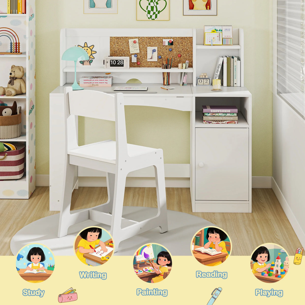 Reasea Kids Study Desk and Chair Set with Tiltable Desktop, Hutch & Storage - Wooden Writing Table for Ages 5-12,White