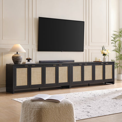 SICOTAS 61.5"W Rattan TV Stand with 4 Doors, Boho Entertainment Center with Adjustable Shelves & Spacious Countertop �C Large Boho Farmhouse Media Console for Living Room, Reclaimed Caramel Oak