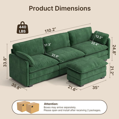 Lofka 110�� Modular Sectional Sofa Bed with Double Layer Cushions and Movable Ottoman, Modern Comfy Cloud Couch for Living Room, DIY Combination, Green
