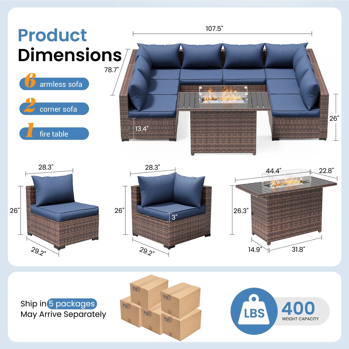 ELPOSUN Patio Furniture Set, Outdoor Patio Furniture Wicker Furniture Couch Set, 5 Pieces Outdoor Sectional Sofa, Patio Furniture Set, Outdoor Patio Set for Balcony Furniture (Grey)