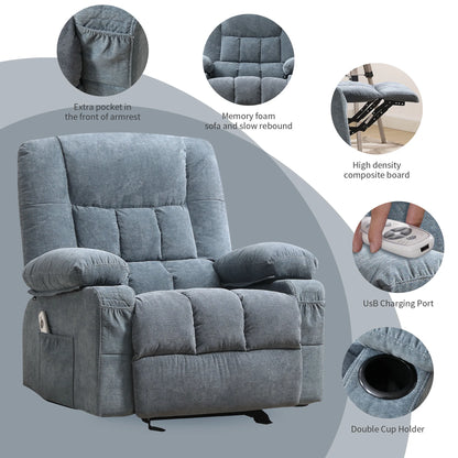 JONPONY Massage Swivel Rocker Recliner Chair with Vibration Massage and Heat Ergonomic Lounge Chair for Living Room with Rocking Function and Side Pocket, 2 Cup Holders, USB Charge Port,Grey