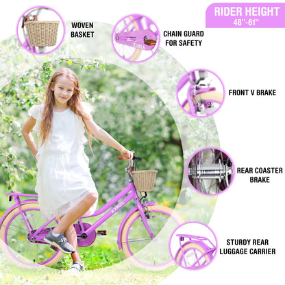 Girls Bike with Basket for Kids 7-10, 20" Kids' Bicycles Leather Saddle & Safety Bell, Pink