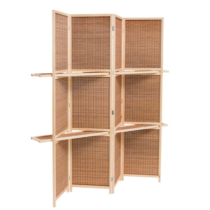 THY COLLECTIBLES Freestanding Wood Frame Woven Bamboo 4 Panels Hinged Privacy Panel Screen Partition Wall With 2 Display Shelves Holding Room Divider With Shelves-Bamboo (Brown)