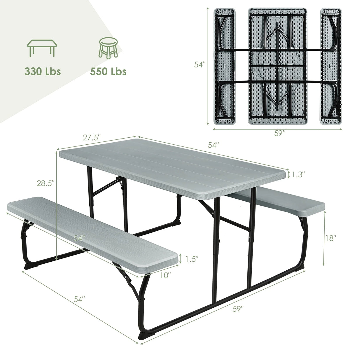 Costway Indoor & Outdoor Folding Picnic Table Bench Set w/ Wood-like Texture Grey