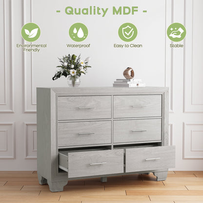 Homhougo White Dresser for Bedroom 6 Drawer, Wood Organizer Storage Cabinet with Gray Strip Drawer Door, Chest of Drawers for Closet, Living Room, Hallway, Nursery, Kids Bedroom