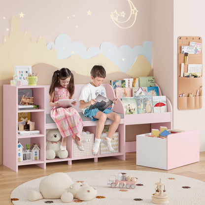 Homfa Kids Bookshelf with Reading Nook, 6 Shelf Bookcase with 1 Wood Toy Bin with 3 Tier Book Rack for Children Kidsroom