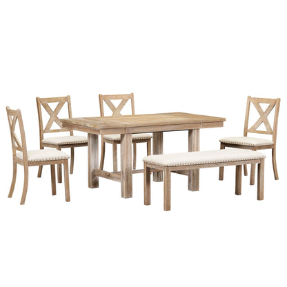 6 Piece Extendable Dining Table Set, Atumon Wood Dining Room Set for 6, Dining Table Set with 4 Beige Cushioned Chairs and Bench, Farmhouse Dining Table Set Furniture for Kitchen Dining Room, Natural