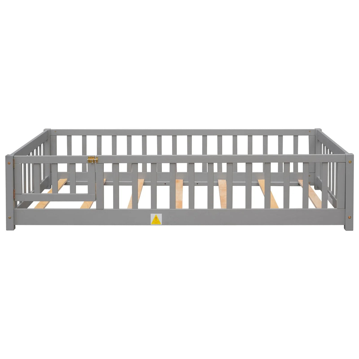 Twin Size Floor Bed Frame, Solid Wood Platform Bed Frame with Safety Fence & Small Door, Montessori Floor Bed with Slats Support for Boys Girls, No Box Spring Needed, Grey