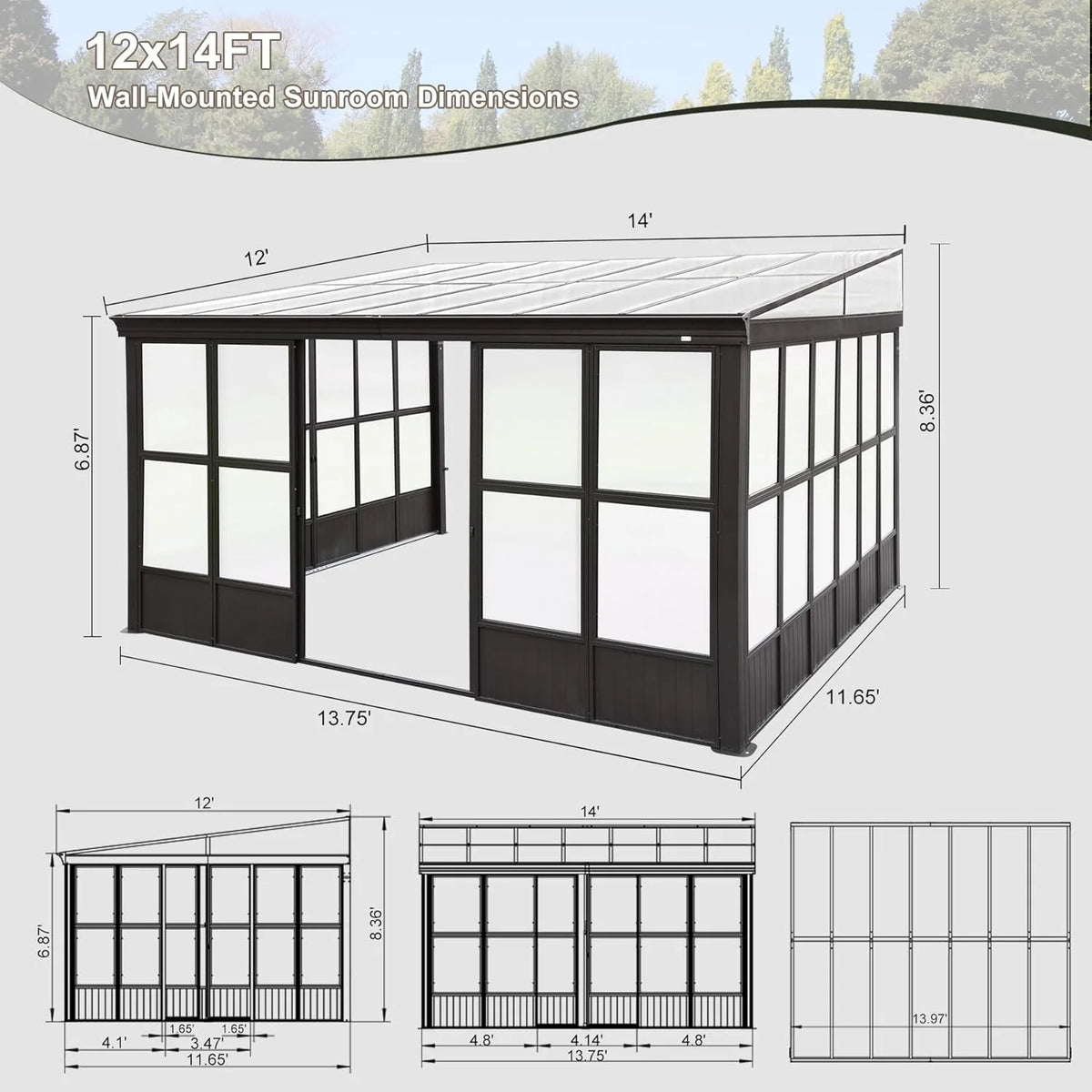 TOTAL Outdoor 10'x12' All-Season Sunroom Gazebo with Steel Roof, PVC Screen, Front & Side Door, Brown