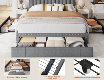 EnHomee Queen Bed Frame with 3 Storage Drawers Upholstered Queen Size Bed Frame with Headboard Noise Free Platform Bed with Metal Frame & Wood Slats Support Beige Bedroom Furniture for Adults Clothes