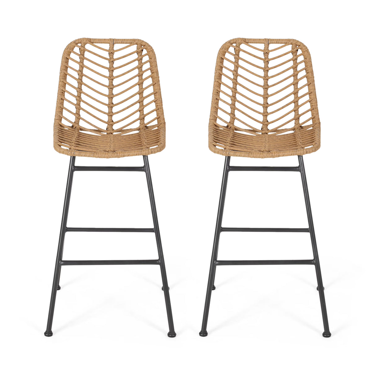Dimitri Outdoor Wicker Barstools, Set of 2, Light Brown and Black