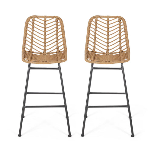 Dimitri Outdoor Wicker Barstools, Set of 2, Light Brown and Black
