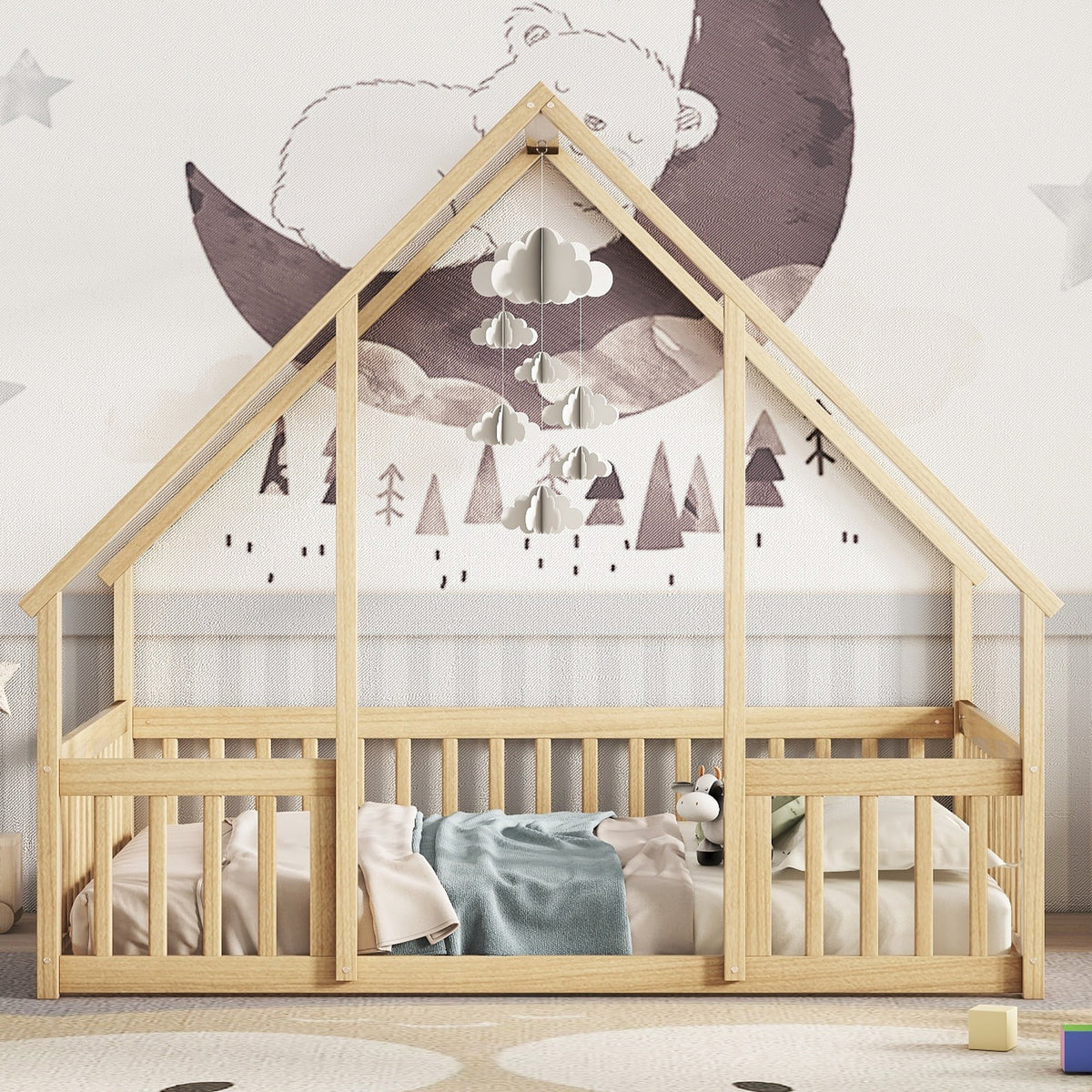 Bellemave Twin Size Floor Bed Frame, Wooden House Bed Twin Size with Fence, Montessori Bed with Guardrails for Bedroom (White)