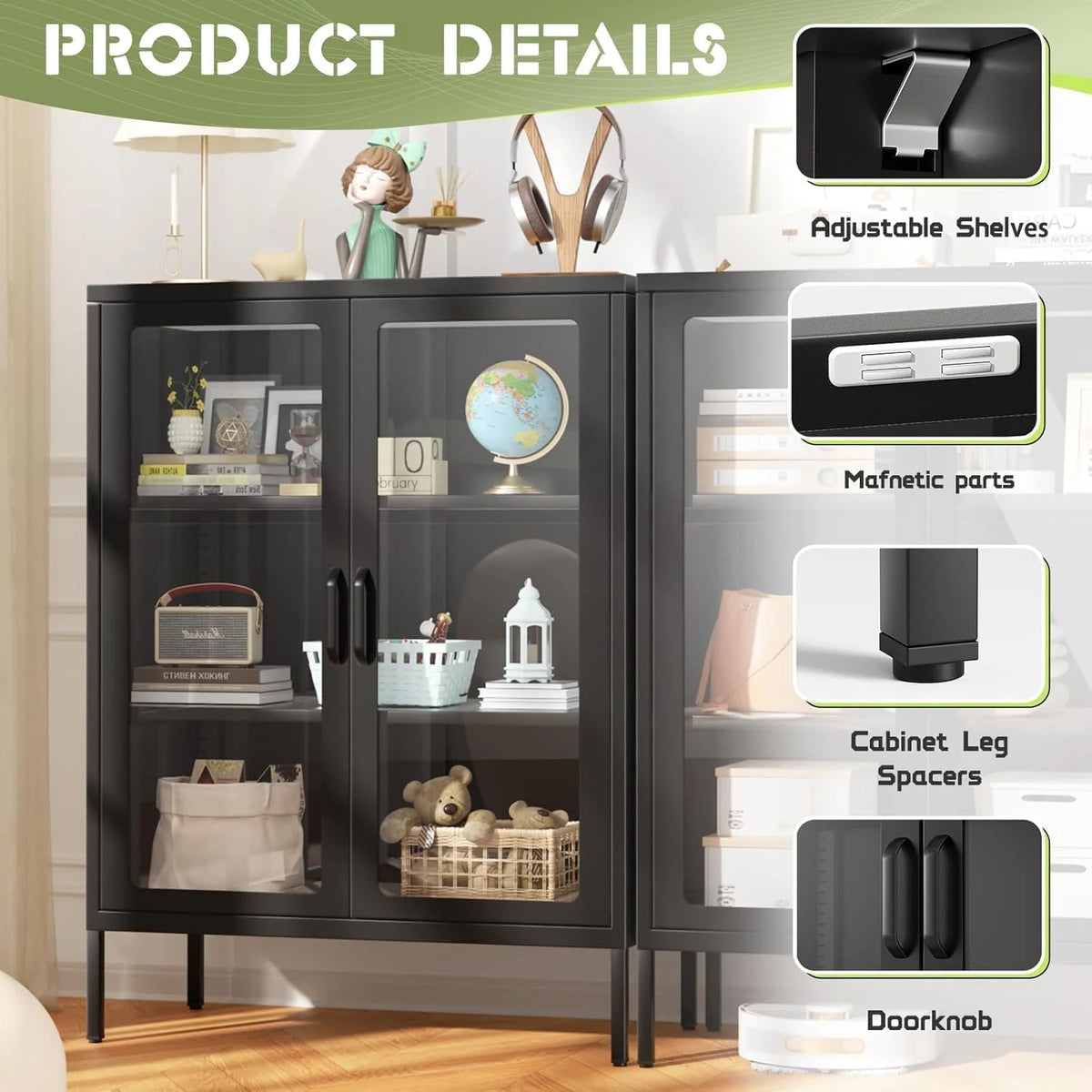SUNCROWN Metal Storage Cabinet, Curio Display Cabinet with 2 Glass Display Door and 4 Shelves, Side Storage Organize, Modern Bookshelf Cabinet for livingroom, Bedroom, Kitchen, Black