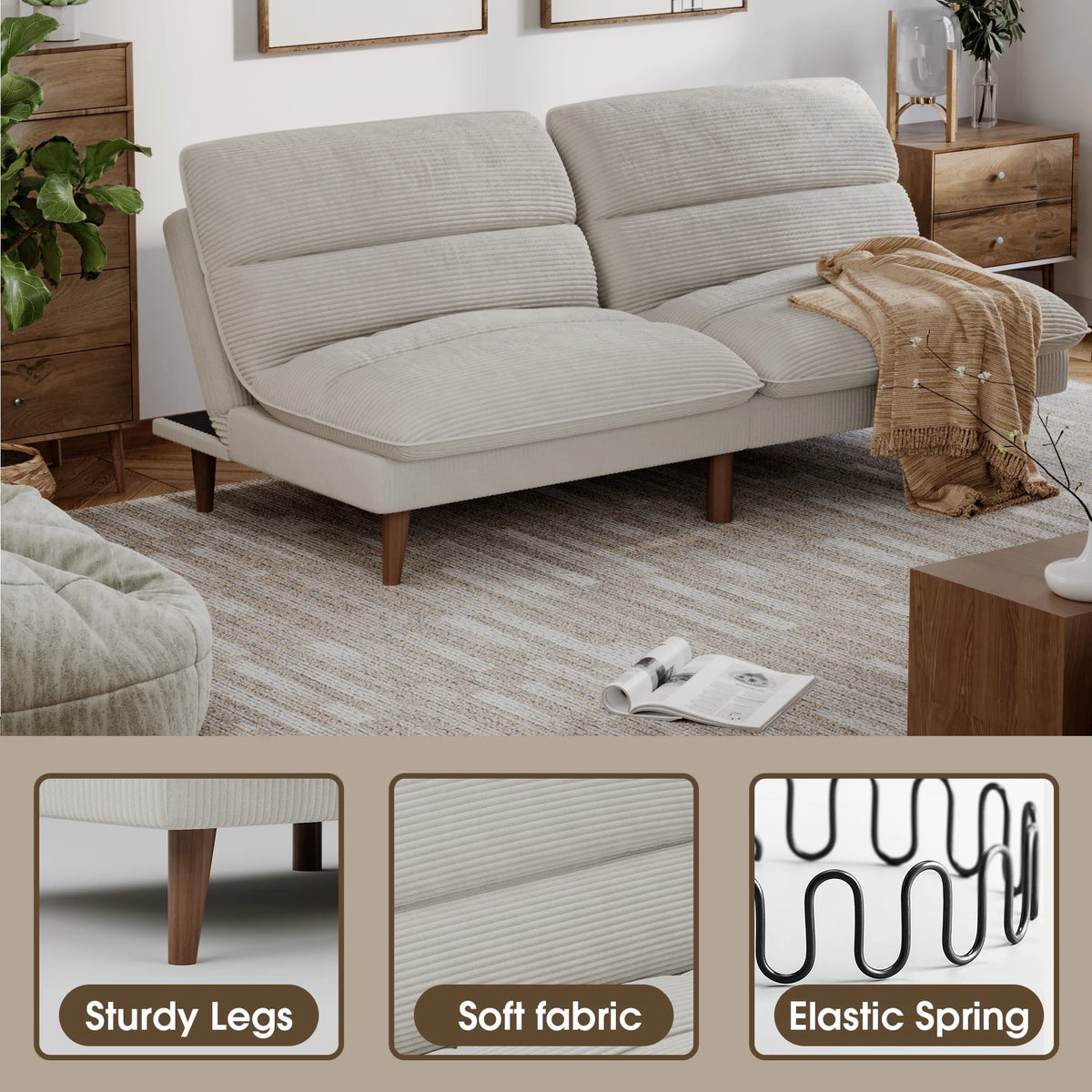 Homall Futon sofa, Two Seat Adjustable Sofa, Corduroy Fabric, Upholstered Sofa, Sofa Changeable into Bed, Leisure Reading and Games, Green
