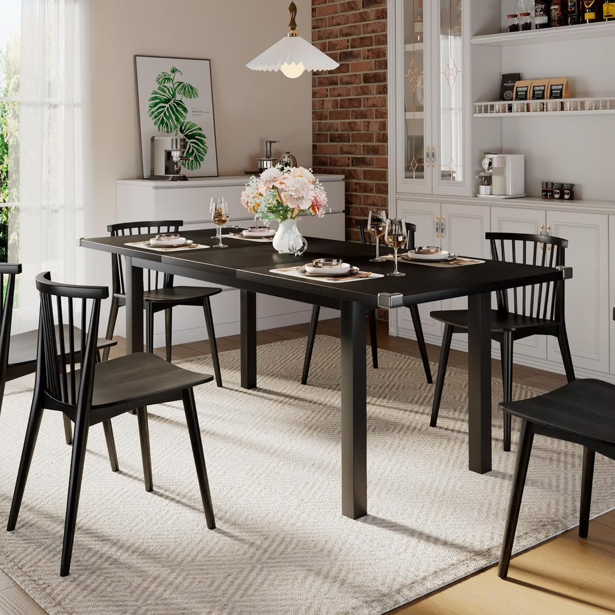 iPormis 63" Extendable Dining Table for 4-8, Square Wooden Dining Room Table with Metal Base, Modern Extendable Table for  Small Kitchens, Dining Office Areas, Black