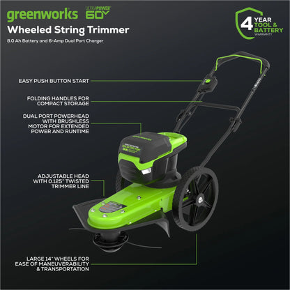 Greenworks 60V 22" Cordless Brushless Wheeled String Trimmer with 8.0Ah Battery and Charger