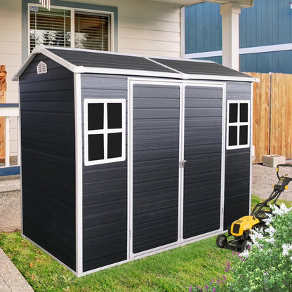 8x4 FT Outdoor Storage Shed with Floor, Resin Garden Sheds with Lockable Door, Vents & Windows, Weather Resistant Tool Shed with Sloped Roof for Backyard Patio, Grey