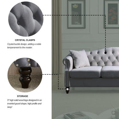 Chesterfield Upholstered Velvet Sofa, 3 Seater Button Tufted Couch with Nailhead Arms for Living Room Bedroom Office Apartment