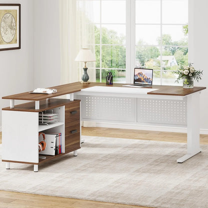 Tribesigns 63 Inch Executive Desk with File Cabinet, Large Office Desk L Shaped Computer Desk with Drawers and Storage Shelves, Business Furniture Desk Workstation for Home Office, Brown and Black
