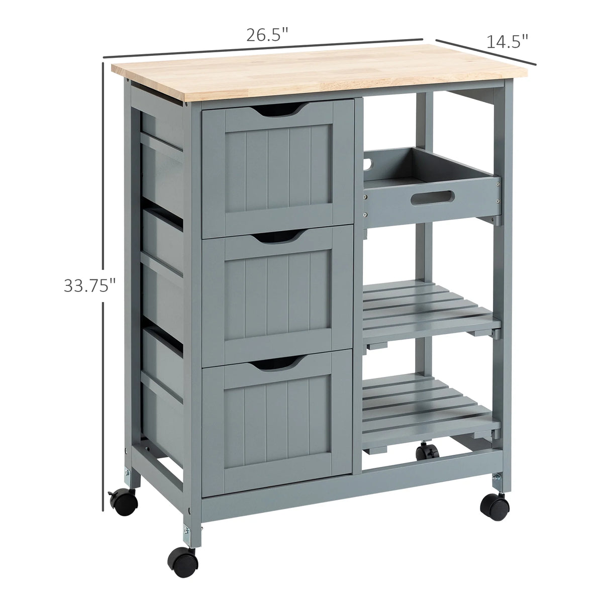HOMCOM Rolling Kitchen Island Cart, Bar Serving Cart, Compact Trolley on Wheels with Wood Top, Shelves & Drawers for Home Dining Area, Grey