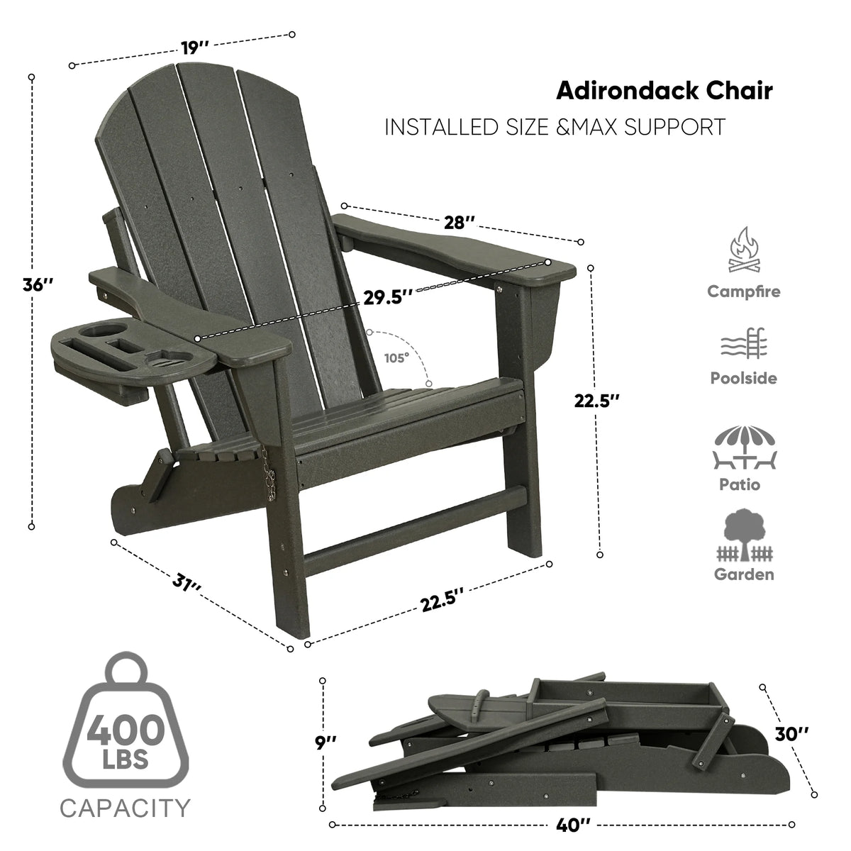 FOOWIN HDPE Plastic Adirondack Chairs Set of 4, Black