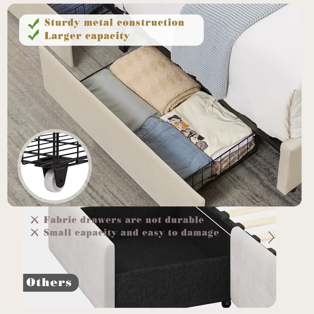 VECELO Full Bed Frame with 4 Storage Drawers (Wheeled) and Tufted Upholstered Adjustable Headboard Platform Bed, Beige
