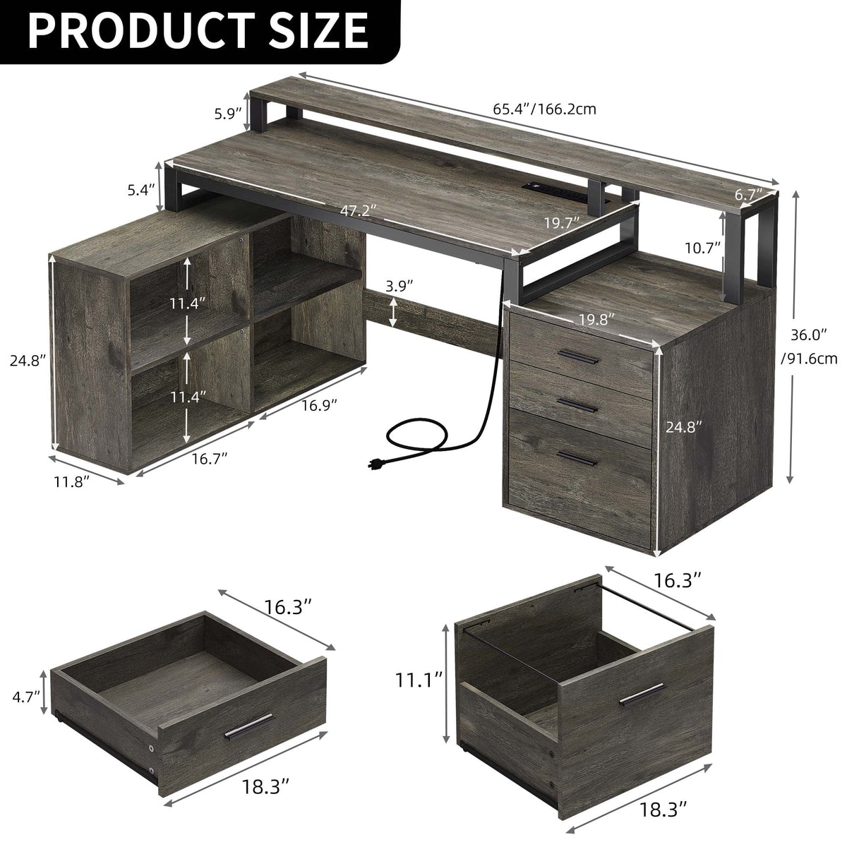 Dextrus 65" L Shaped Desk with Power Outlets and Monitor Stand , Computer Desk with LED Light &File Cabinet, Corner Desk with 3 Drawers & 4 Open Storage Shelves, Modern Home Office Desk, White