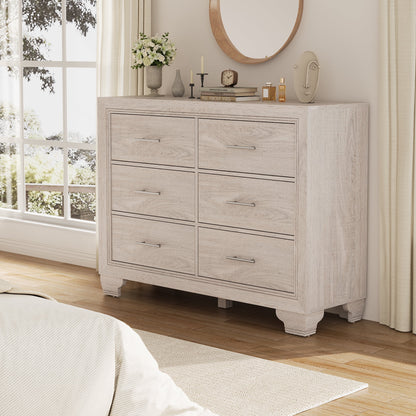 Homhougo White Dresser for Bedroom 6 Drawer, Wood Organizer Storage Cabinet with Gray Strip Drawer Door, Chest of Drawers for Closet, Living Room, Hallway, Nursery, Kids Bedroom