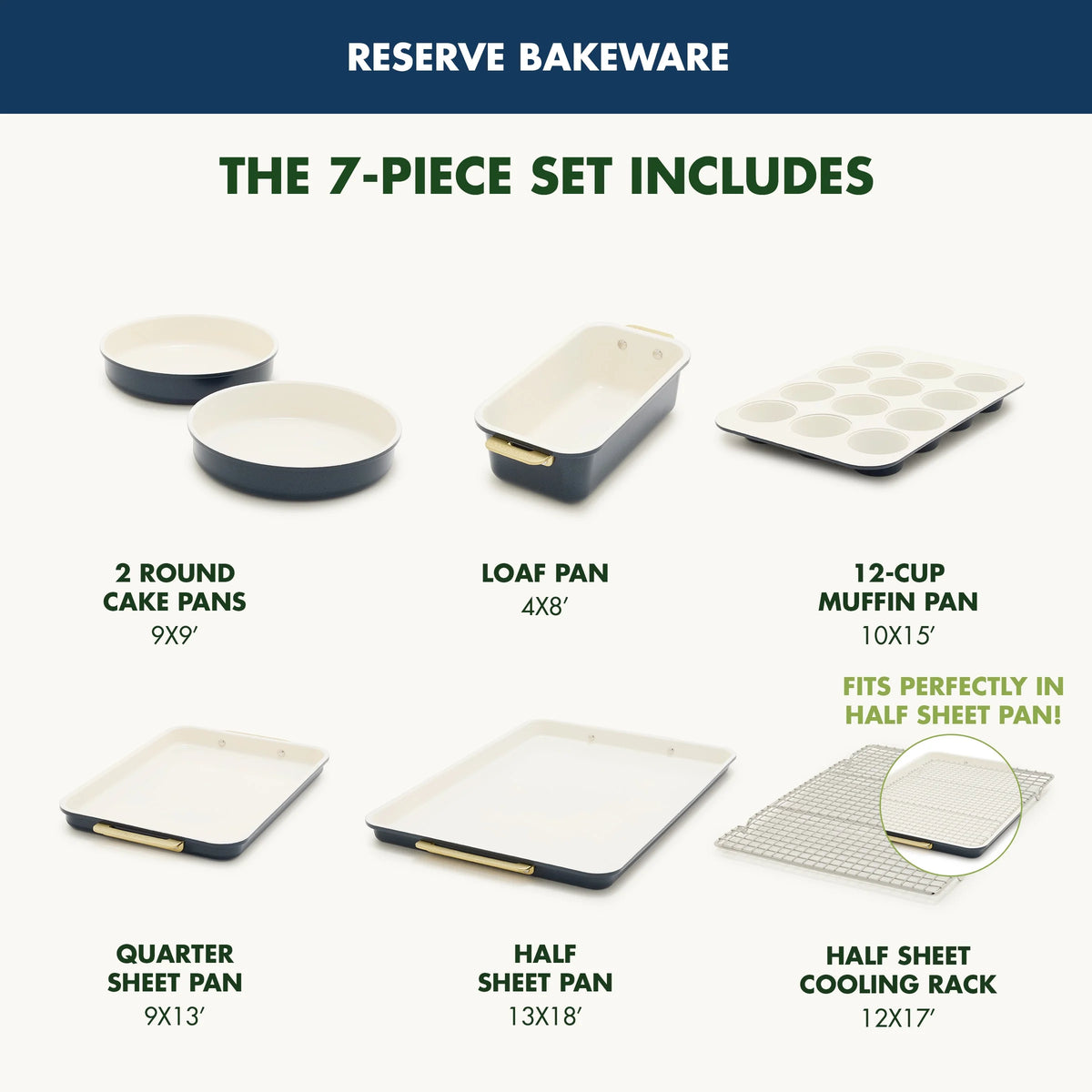 GreenPan Bakeware Set, 7 Piece Nonstick Ceramic Baking Sheets, Cake Pans, Loaf Pan, Muffin Tin, Cooling Rack, Green