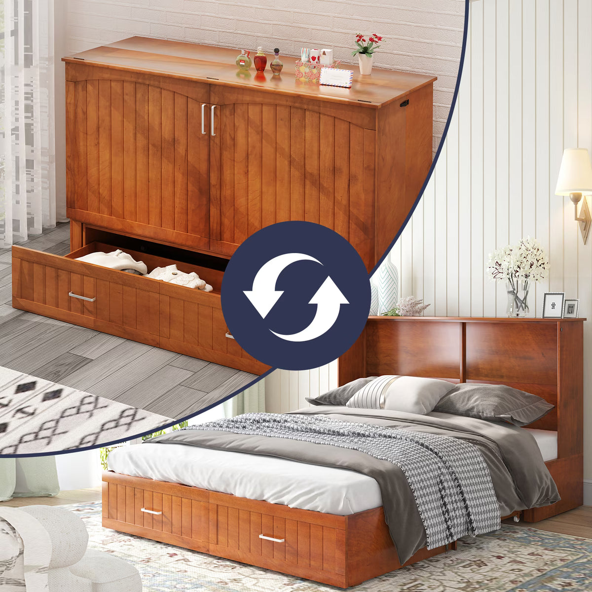 ZAFLY Murphy Bed with Trifold Foam Mattress, Cabinet Bed has USB Charging Station, Convertible Bed with Storage Platform, Cabinet Chest Bed with Large Drawers for Living Room/Bedroom (Grey)