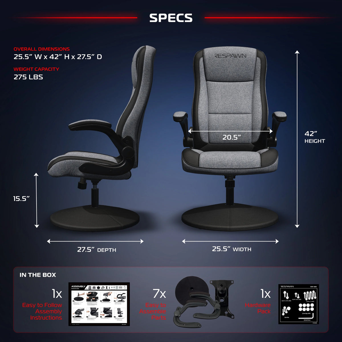 RESPAWN 800 Swivel Rocker Gaming Chair - Ergonomic Floor Gaming Seat with Lumbar Support, Flip Up Armrest, High Back, Pedestal Base, Comfortable No Wheels Console Video Game Rocker Chair - Red