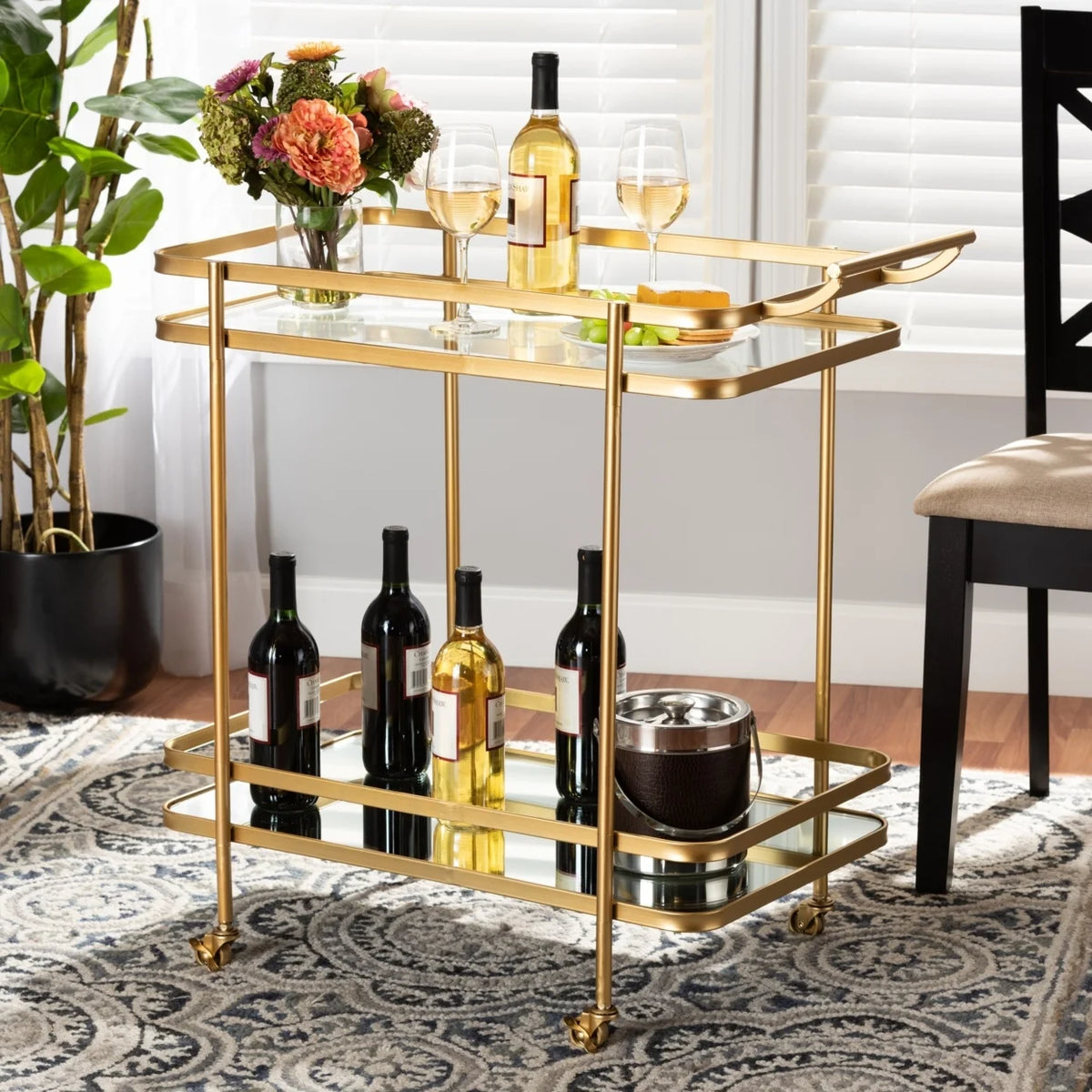 Baxton Studio Kamal Modern and Contemporary Glam Brushed Gold Finished Metal and Mirrored Glass 2-Tier Mobile Wine Bar Cart